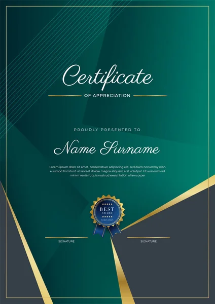 Certificate Appreciation Template Gold Black Green Color Clean Modern Certificate —  Vetores de Stock