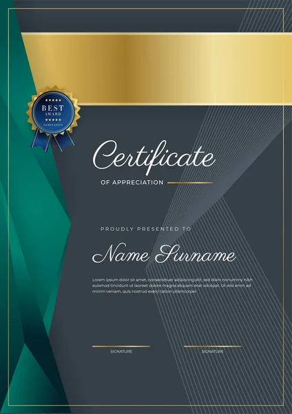 Сертифікат Шаблону Вдячності Золотий Чорно Зелений Колір Чистий Сучасний Сертифікат — стоковий вектор