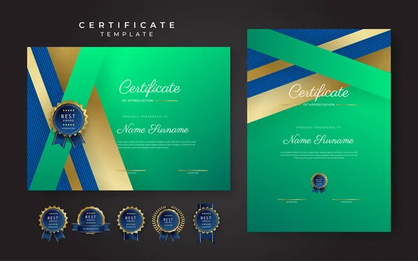 Blauw Groen Certificaat Van Prestatie Grens Template Met Luxe Badge — Stockvector