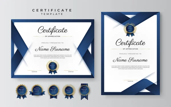 Modèle Certificat Appréciation Couleur Bleu Certificat Moderne Propre Avec Badge — Image vectorielle