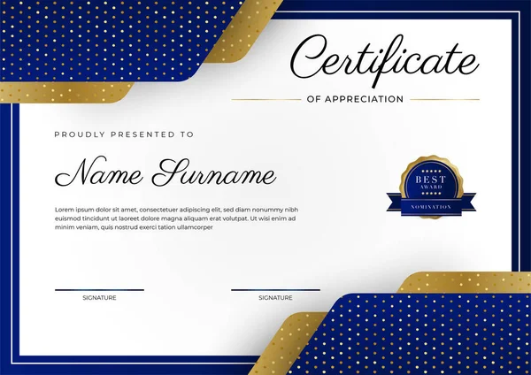 Certificado Modelo Apreciação Ouro Cor Azul Limpar Certificado Moderno Com —  Vetores de Stock
