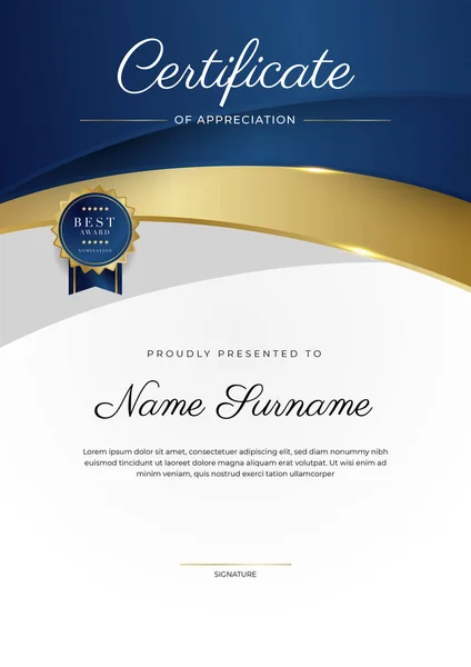 Plantilla Certificado Agradecimiento Oro Color Azul Certificado Moderno Limpio Con — Vector de stock