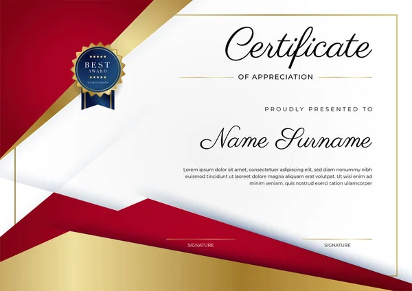 Plantilla Certificado Agradecimiento Oro Color Rojo Certificado Moderno Limpio Con — Archivo Imágenes Vectoriales