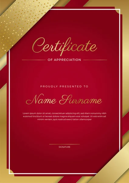 Certificate Appreciation Template Gold Red Color Clean Modern Certificate Gold — Stock Vector
