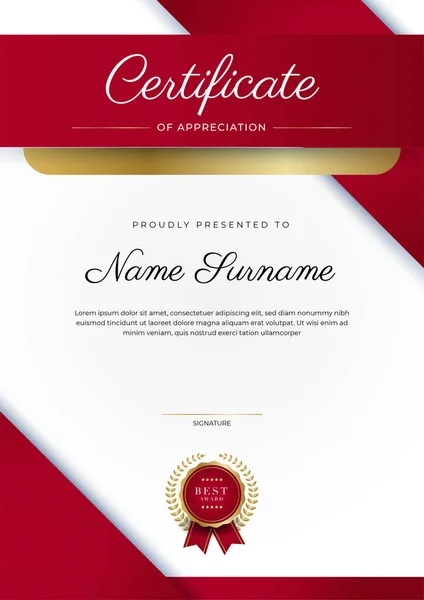 Modèle Certificat Appréciation Couleur Rouge Certificat Moderne Propre Avec Badge — Image vectorielle