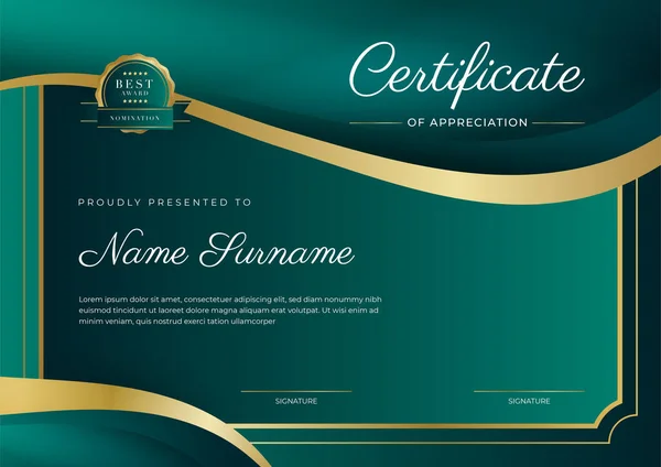 Certificate Appreciation Template Gold Black Green Color Clean Modern Certificate — Stock Vector