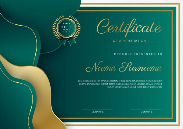 Certificate Appreciation Template Gold Black Green Color Clean Modern Certificate — стоковый вектор