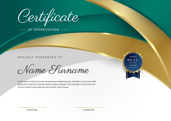Certificado Modelo Apreciação Ouro Cor Verde Preto Limpar Certificado Moderno — Vetor de Stock