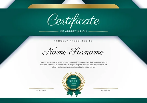 Certificate Appreciation Template Gold Black Green Color Clean Modern Certificate — Stock vektor
