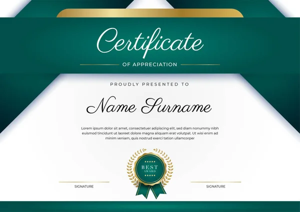 Certificate Appreciation Template Gold Black Green Color Clean Modern Certificate — Stockový vektor