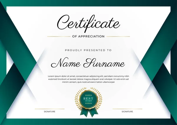 Certificate Appreciation Template Gold Black Green Color Clean Modern Certificate — Stockový vektor