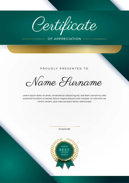 Certificate Appreciation Template Gold Black Green Color Clean Modern Certificate — Stock Vector