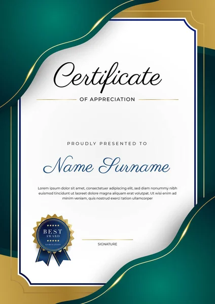 Plantilla Certificado Agradecimiento Oro Color Verde Negro Certificado Moderno Limpio — Vector de stock
