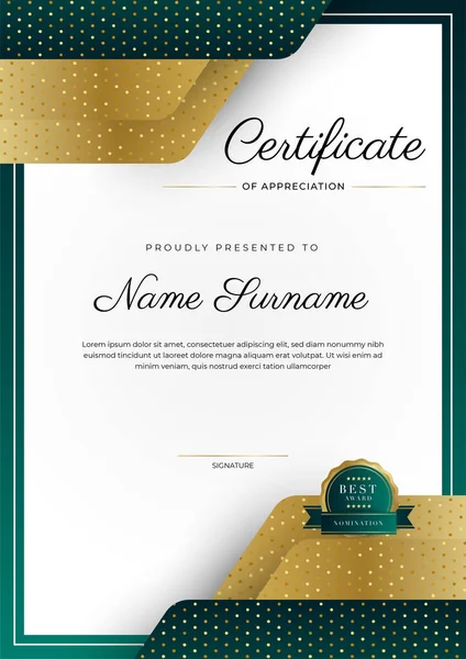 Takdir belgesi, altın ve siyah yeşil renk. Altın rozetli temiz modern sertifika. Lüks ve modern sınır şablonu sertifikası. Diploma vektör şablonu