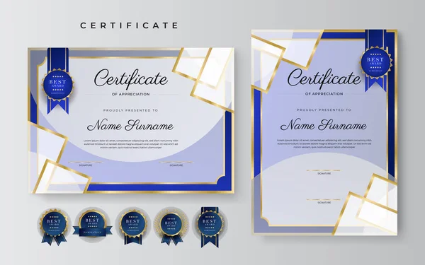 Certificate Appreciation Template Gold Blue Color Clean Modern Certificate Gold — Stock Vector