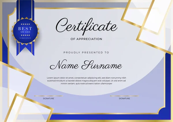 Certificate Appreciation Template Gold Blue Color Clean Modern Certificate Gold — Stock Vector