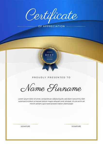 Plantilla Certificado Agradecimiento Oro Color Azul Certificado Moderno Limpio Con — Vector de stock