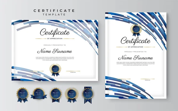 鉴赏证书模板 金色和蓝色 用金色徽章清洁现代证书 具有豪华和现代行程图的证书边界模板 文凭矢量模板 — 图库矢量图片