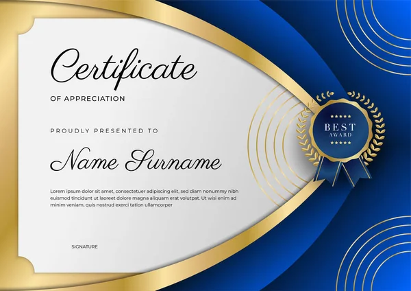 Plantilla Certificado Agradecimiento Oro Color Azul Certificado Moderno Limpio Con — Vector de stock
