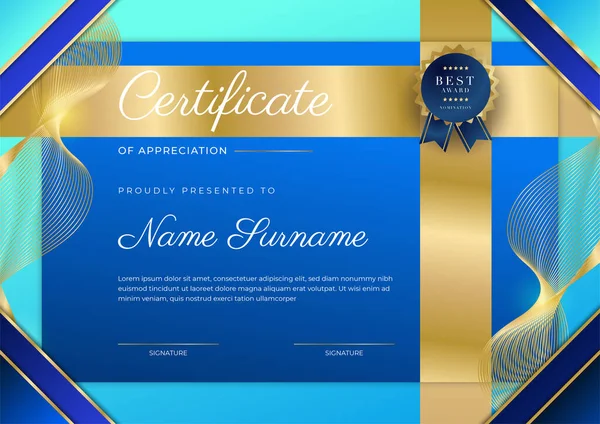 Takdir belgesi, altın ve mavi renk. Altın rozetli temiz modern sertifika. Lüks ve modern sınır şablonu sertifikası. Diploma vektör şablonu