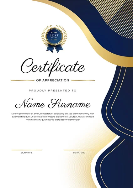 Certificate Appreciation Template Gold Blue Color Clean Modern Certificate Gold — Stock Vector