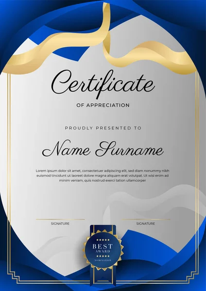 Plantilla Certificado Agradecimiento Oro Color Azul Certificado Moderno Limpio Con — Archivo Imágenes Vectoriales