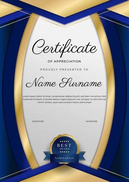 Takdir belgesi, altın ve mavi renk. Altın rozetli temiz modern sertifika. Lüks ve modern sınır şablonu sertifikası. Diploma vektör şablonu