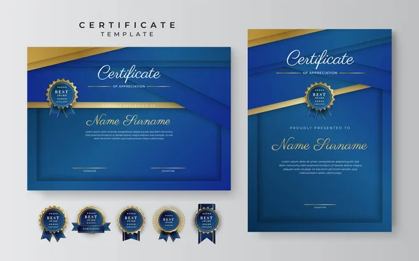 Plantilla Certificado Agradecimiento Oro Color Azul Certificado Moderno Limpio Con — Archivo Imágenes Vectoriales