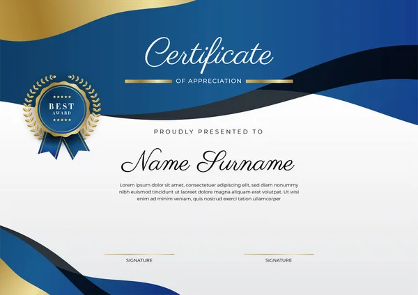 Certificate Appreciation Template Gold Blue Color Clean Modern Certificate Gold — Stock Vector