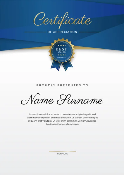 Intyg Uppskattning Mall Guld Och Blå Färg Rent Modernt Certifikat — Stock vektor