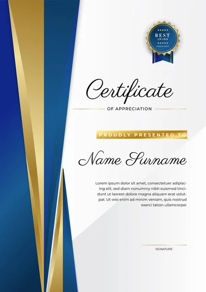 Modèle Certificat Appréciation Couleur Bleu Certificat Moderne Propre Avec Badge — Image vectorielle
