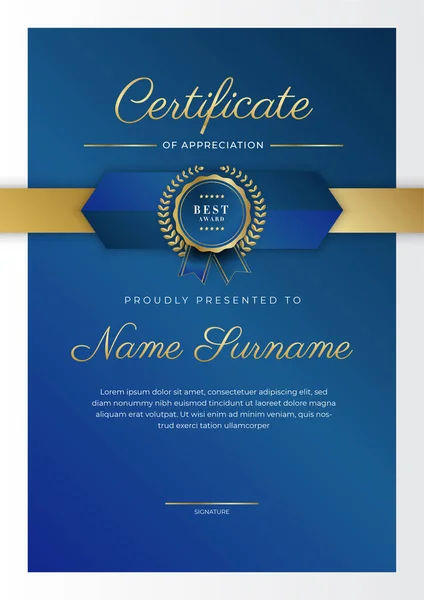 Certificate Appreciation Template Gold Blue Color Clean Modern Certificate Gold — Stock Vector