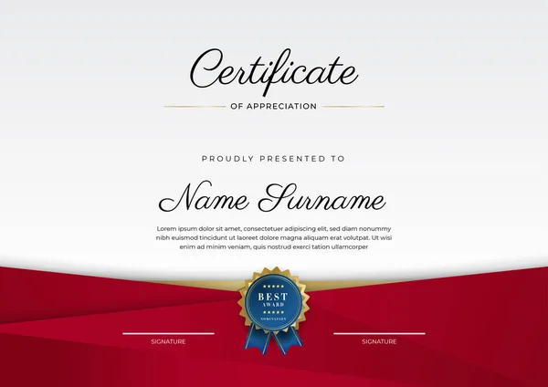Certificado Modelo Apreciação Ouro Cor Vermelha Limpar Certificado Moderno Com — Vetor de Stock