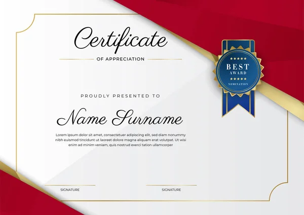 Modèle Certificat Appréciation Couleur Rouge Certificat Moderne Propre Avec Badge — Image vectorielle