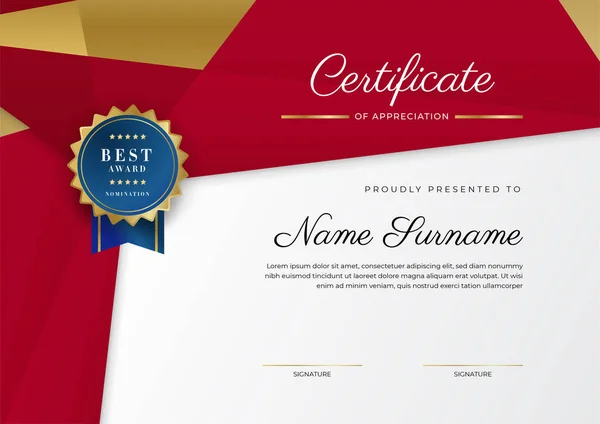 Сертифікат Шаблону Вдячності Золотий Червоний Кольори Чистий Сучасний Сертифікат Золотим — стоковий вектор