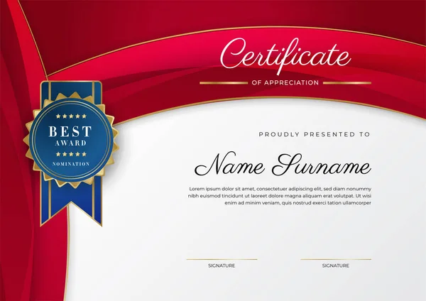 Сертифікат Шаблону Вдячності Золотий Червоний Кольори Чистий Сучасний Сертифікат Золотим — стоковий вектор