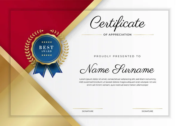 Šablona Certifikátu Ocenění Zlatá Červená Barva Čistý Moderní Certifikát Zlatým — Stockový vektor
