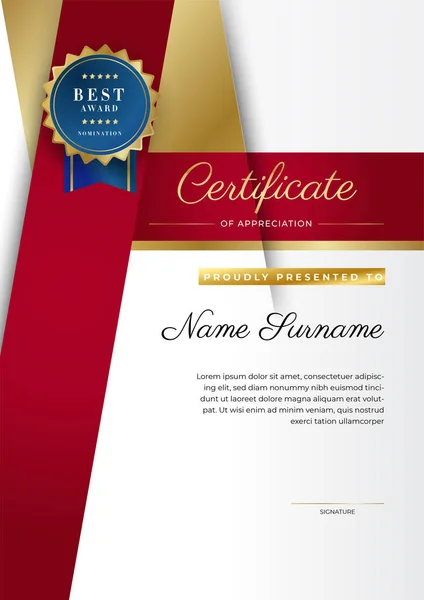 Plantilla Certificado Agradecimiento Oro Color Rojo Certificado Moderno Limpio Con — Archivo Imágenes Vectoriales