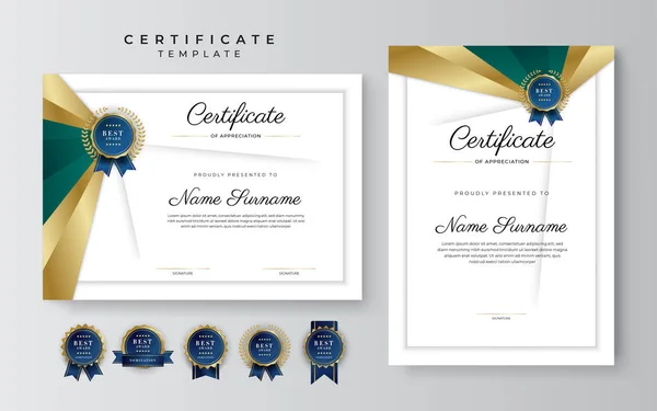 Plantilla Certificado Agradecimiento Oro Color Verde Negro Certificado Moderno Limpio — Vector de stock