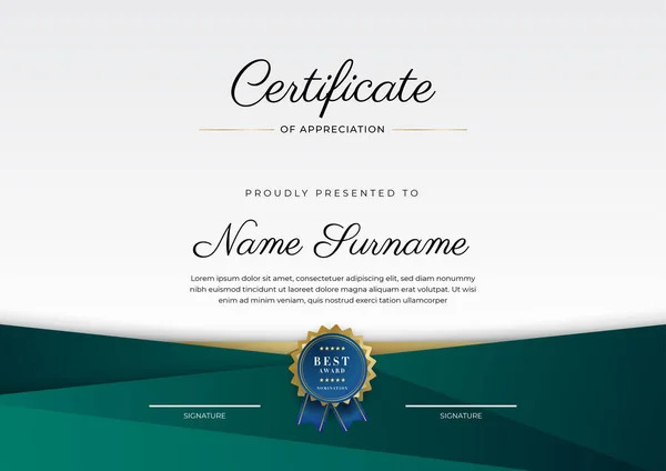 Certificate Appreciation Template Gold Black Green Color Clean Modern Certificate — Stockový vektor