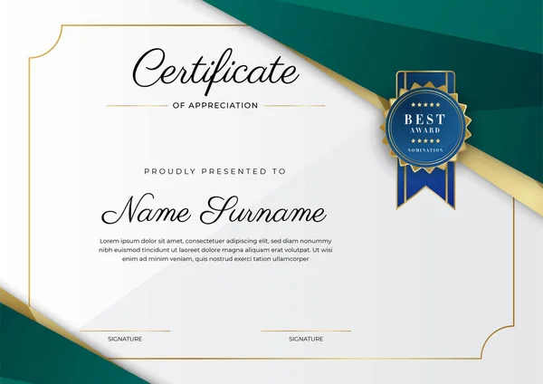 Certificate Appreciation Template Gold Black Green Color Clean Modern Certificate — Stockvector