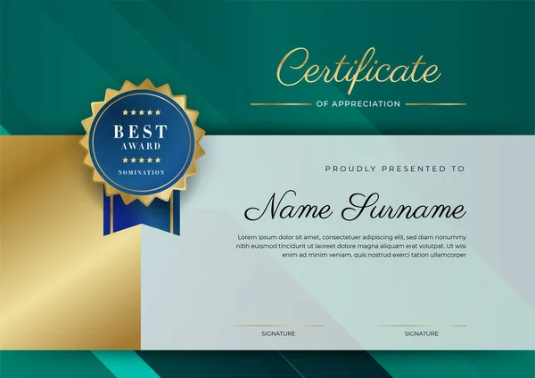 Certificate Appreciation Template Gold Black Green Color Clean Modern Certificate — ストックベクタ