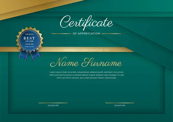 Certificate Appreciation Template Gold Black Green Color Clean Modern Certificate — 스톡 벡터