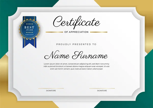 Certificate Appreciation Template Gold Black Green Color Clean Modern Certificate — Stock Vector