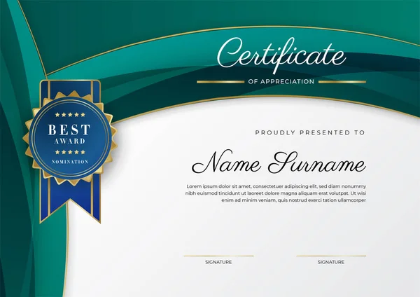 Certificate Appreciation Template Gold Black Green Color Clean Modern Certificate — Vetor de Stock
