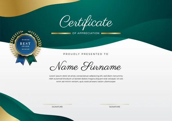 Certificate Appreciation Template Gold Black Green Color Clean Modern Certificate — Stock vektor