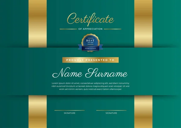 Certificate Appreciation Template Gold Black Green Color Clean Modern Certificate — 스톡 벡터