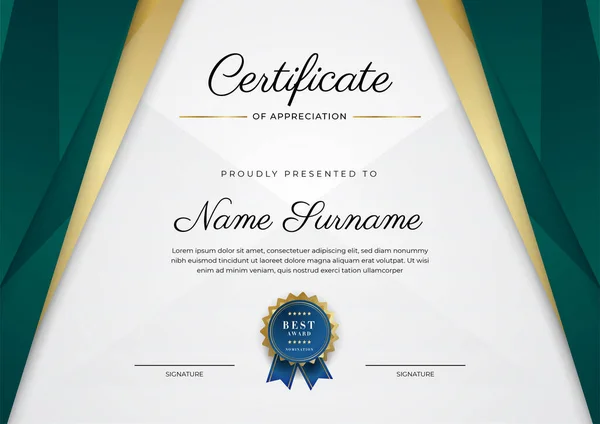 Certificate Appreciation Template Gold Black Green Color Clean Modern Certificate — Stock vektor