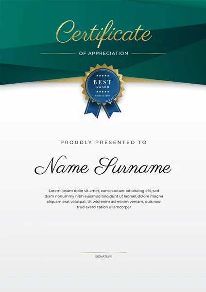 Certificate Appreciation Template Gold Black Green Color Clean Modern Certificate — стоковый вектор