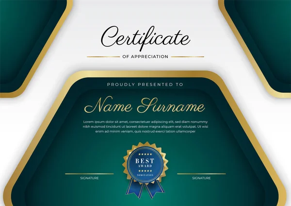 Certificate Appreciation Template Gold Black Green Color Clean Modern Certificate — ストックベクタ